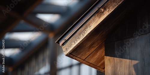 A close-up view showcases the weathered wooden eaves and concrete support of a modern building.