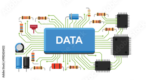 A detailed schematic illustration presents a central blue block labeled data surrounded by green circuit traces and various colorful electronic components on white.