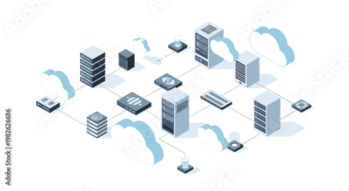 A complex network of grey server racks and networking hardware is interconnected by thin lines with fluffy white clouds floating throughout a clean digital space.