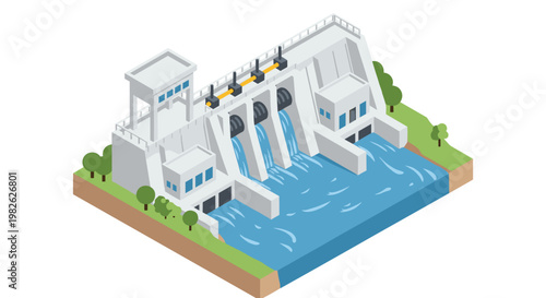 A massive grey concrete hydroelectric dam releases cascading blue water through three active spillways into a lower river basin under bright and clear lighting.
