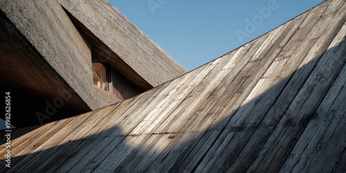 A striking architectural detail showcases intersecting wooden rooflines against a clear blue sky, emphasizing geometric forms and shadow play.