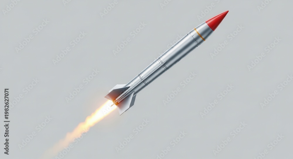 Naklejka premium Dynamic silver rocket soaring skyward with a bright fiery trail symbolizing innovation and rapid