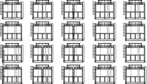 A series of twenty intricate windows with repeating architectural design create a visually engaging pattern, conveying order and structure.