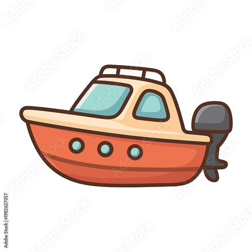 Orange motorboat with cabin and outboard engine