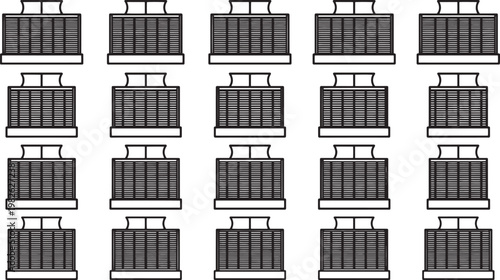 A grid of repetitive geometric structures, showcasing modern urban planning, industrial designs.