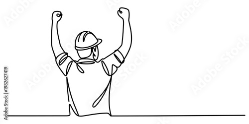 A single line drawing of a happy construction worker celebrating with arms raised in the air Vector, illustration