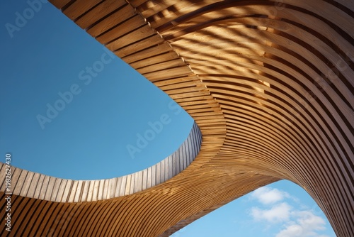 A striking architectural detail showcases a curved wooden structure against a vibrant blue sky, highlighting the interplay of light and form.