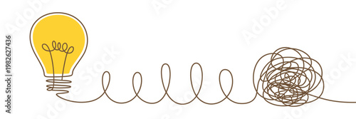 problem solving concept tangled line to light bulb on white