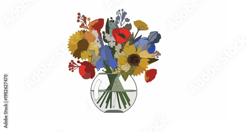 Flat colorful flower bouquet in glass vase vector illustration modern floral arrangement design