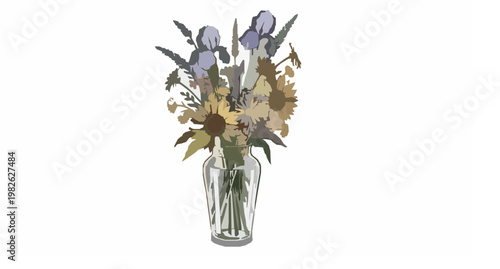 Hand drawn rustic flower bouquet in vintage vase vector illustration botanical sketch style floral art