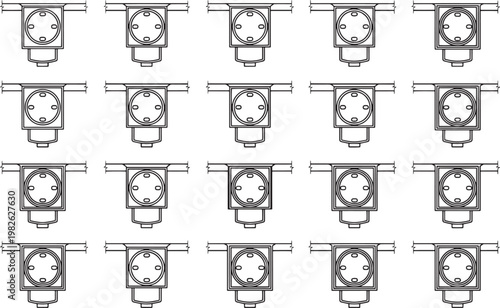 Repeating pattern of meticulously crafted mechanical parts against a stark backdrop, evoking precision and engineering.