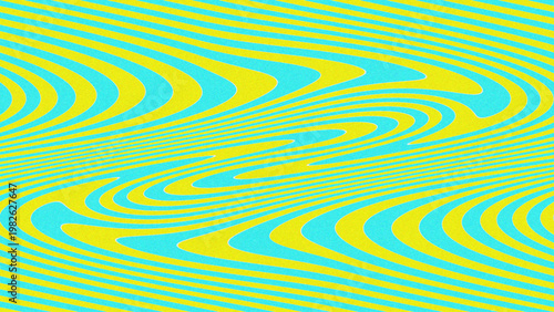 Abstract optical illusion background with turquoise yellow wavy spiral stripes, hypnotic vortex motion, and vibrant geometric decorative layout