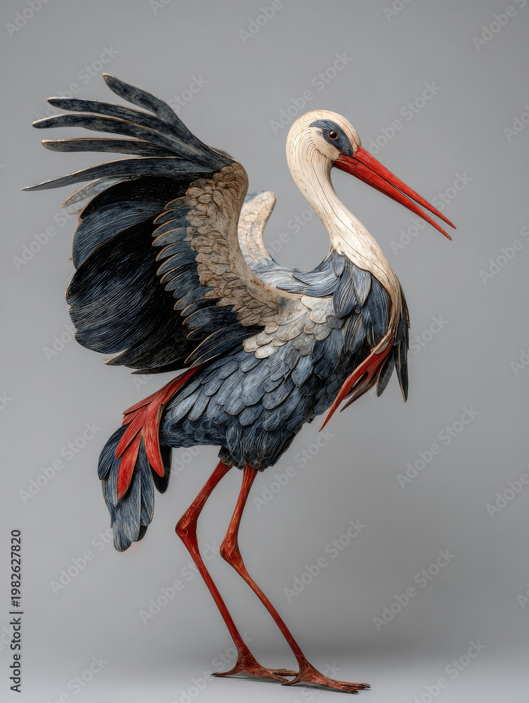 Naklejka premium Detailed wood carving of crane bird with elegant blue, white, and red feathers, standing gracefully with wings spread wide