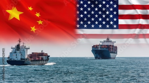 US and China trade war conceptual image with cargo ships
