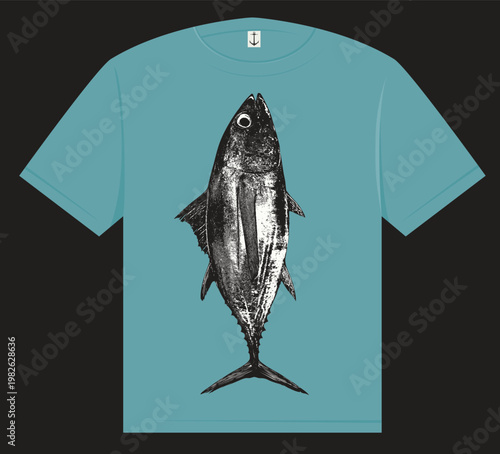 T-shirt graphics. Photorealistic vector illustration of a tuna fish in a grunge style. An original creative idea for clothing, textile, fabric. No ai