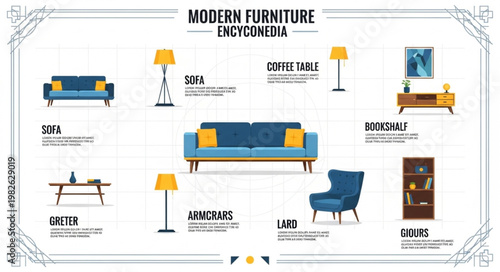 Modern Furniture Encyclopedia Illustration with Various Furniture Pieces.