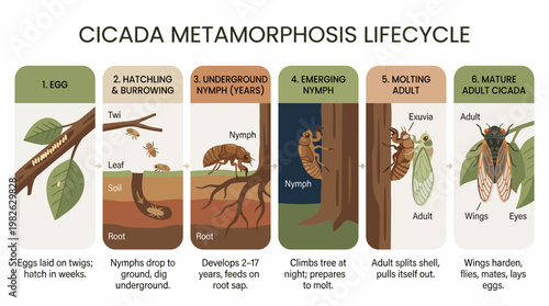 Cicada Metamorphosis Life Cycle Flat Vector Illustration Showing Underground Nymph Development to Adult Insect in Unique Educational Diagram Style for Nature Study Content