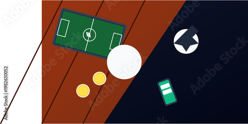 Hand-drawn digital top view flat lay showcasing a soccer field tablet screen and sports betting apps authentic illustration