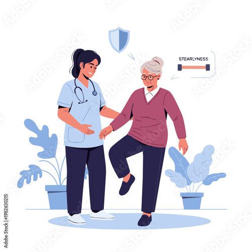 A vibrant vector scene depicting a male physiotherapist supervising a senior woman performing a single-leg balance exercise (holding a chair for support). Floating icons of shields and steadiness beam