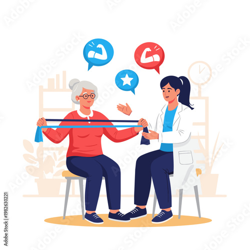 A lively vector illustration of a physiotherapist and a senior woman sitting opposite each other, using a colorful resistance band for upper body strengthening. 