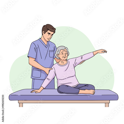 A gentle vector graphic illustration where a male physiotherapist is lying an elderly woman down on a treatment table and slowly moving her arm through a passive stretching routine for shoulder