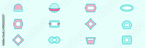 Hand-drawn set featuring twelve retro geometric diner labels with pink halftone dots and turquoise illustration
