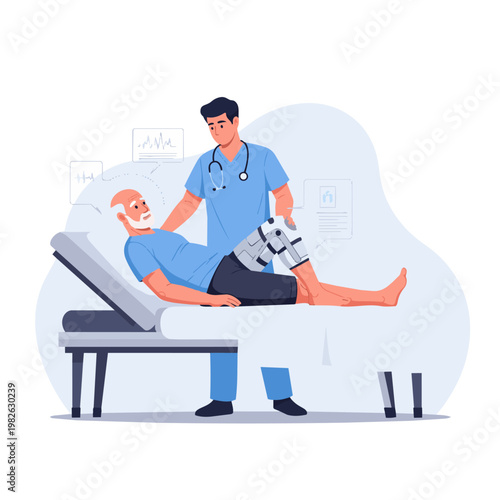 A modern vector illustration focusing on post-operative care. A male physiotherapist is guiding an elderly man (wearing a knee brace) in simple bedside exercises, ensuring proper alignment