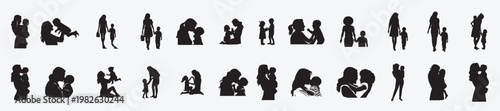 silhouette set of a mother and son on white background 