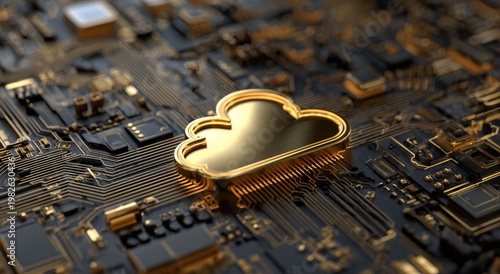 Golden cloud emblem on intricate, dark electronic circuit board