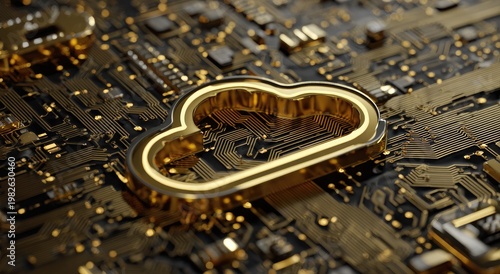 Golden cloud symbol atop intricate circuitry, representing digital storage and data
