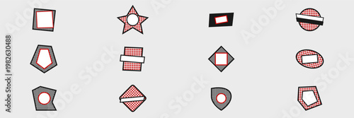 Hand-drawn collection of grunge punk rock style badges featuring red halftone dots and checkerboard illustration
