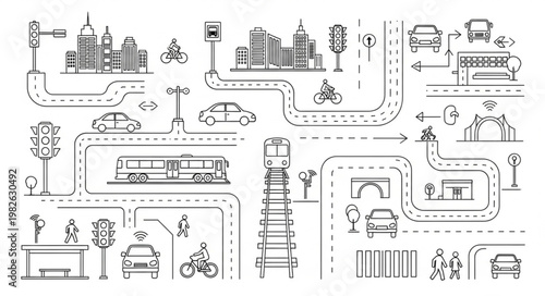 Urban Cityscape with Transportation and Buildings Illustration.