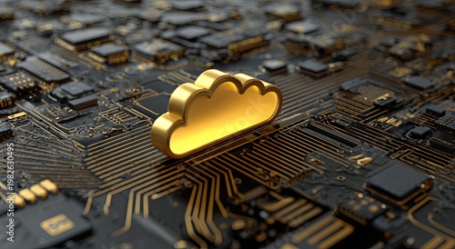 A golden cloud icon rests atop a complex electronic circuit board