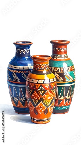 Three colorful, uniquely patterned vases on a white background