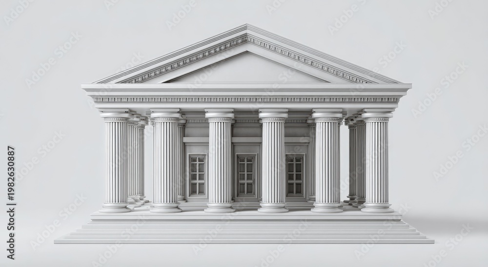 Obraz premium A pristine, neoclassical building with numerous white columns stands prominently against a stark white background, showcasing architectural grandeur and symmetry.