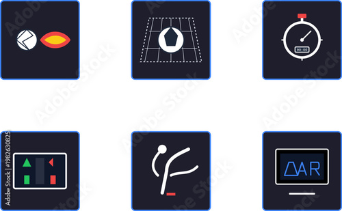 Hand-drawn soccer match day broadcast interface icons featuring video assistant referee player stats timer and substitution authentic illustration