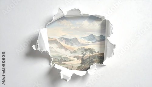Torn paper revealing serene mountain landscape