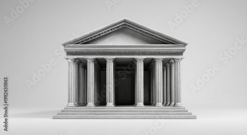 A grayscale rendering depicts a classical Greek temple with imposing columns and a triangular pediment, showcasing architectural grandeur and timeless design.