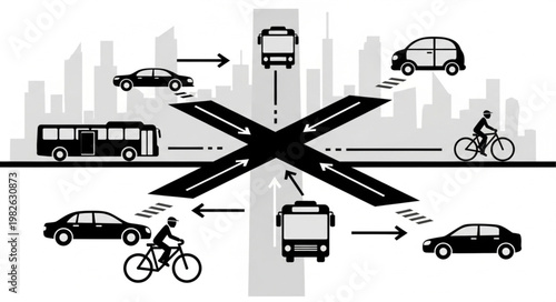 Urban Intersection Traffic Flow Diagram with Vehicles and Cyclists.