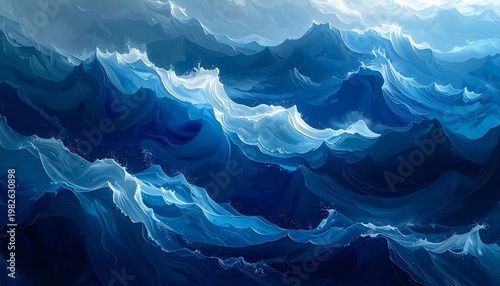 A digital artwork depicting dark blue ocean waves with white highlights
