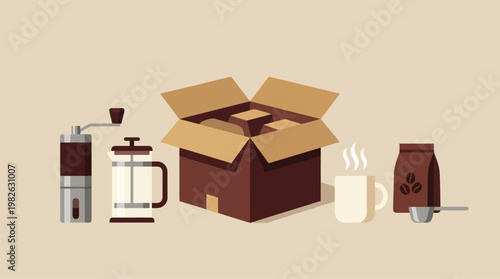 Coffee brewing equipment with open box and mug on beige background