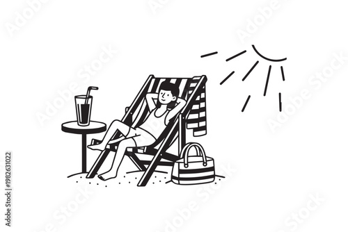Relaxed Woman Sunbathing on Beach Chair with Cocktail Summer Vacation Line Art Illustration, Perfect for Travel Promotion, Holiday Ads, and Lifestyle Design