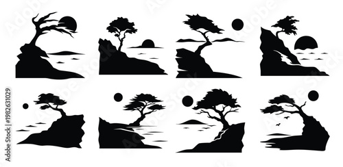 silhouette trees stand upon cliff edges facing ocean and sun