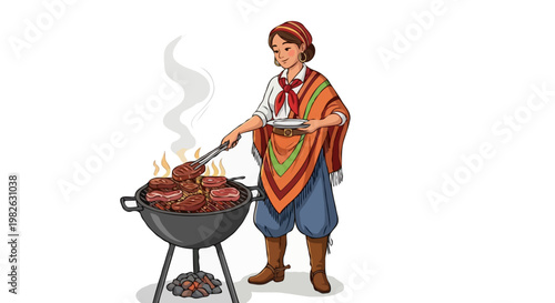 mulher gaúcha assando churrasco na brasa tradição sulista isolado fundo branco