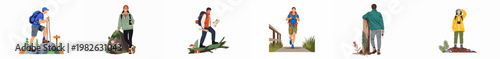 Flat illustration set of diverse people hiking and exploring nature, featuring characters with backpacks, maps, and cameras in various outdoor adventure scenes.