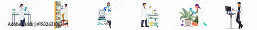 Flat vector illustrations of scientists and researchers working in various laboratory environments conducting experiments in biology, chemistry, and biotechnology.
