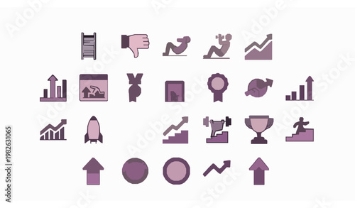 Up filled icons set with growth graph ladder upload medal and success upward movement symbols vector collection