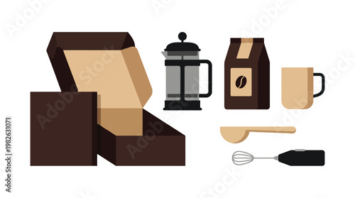 Coffee kit with mug french press chocolate beans and whisk