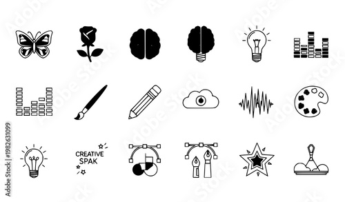 Modern creative filled and outline icon set with brain bulb idea butterfly rose and inspiration symbols abstract vector collection
