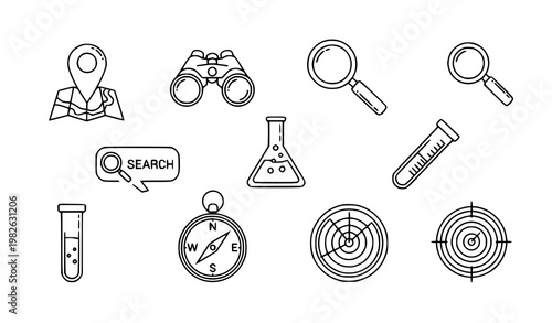 Minimal discovery outline icon set with search map binoculars and science exploration symbols abstract vector collection